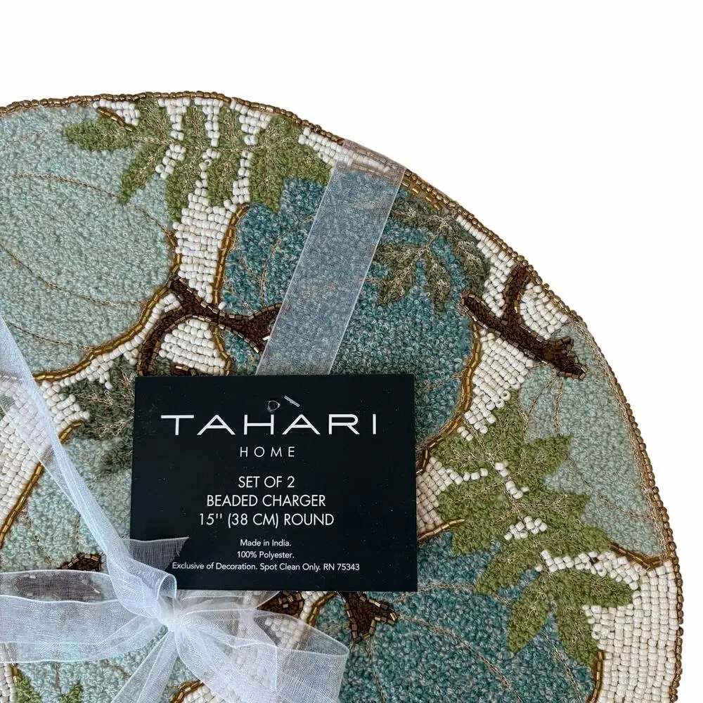2pc Tahari Beaded Pumpkin Placemats 15in Round Blue Green Fall Thanksgiving NEW